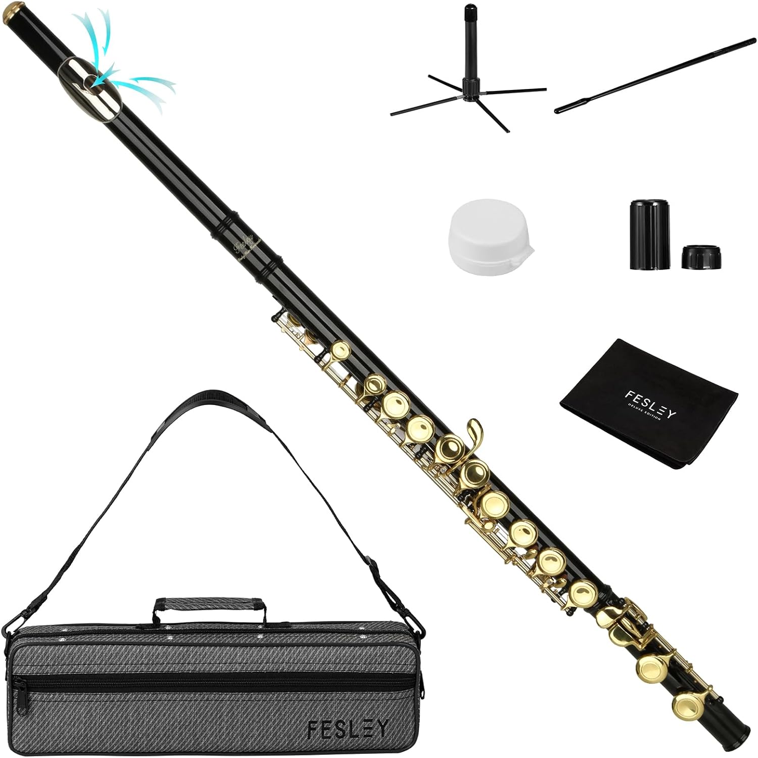 Fesley C Flutes Closed Hole, 16 Keys Flute Instrument with Offset G Split E Mechanism, Student Flute for Beginners with Cleaning Kit, Case, Stand, Joint Grease, Tuning Rod, Black/Gold