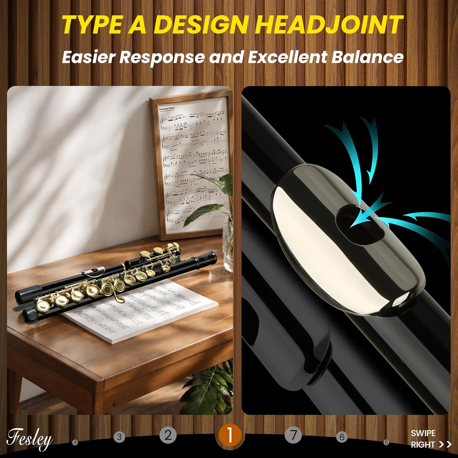 Fesley C Flutes Closed Hole, 16 Keys Flute Instrument with Offset G Split E Mechanism, Student Flute for Beginners with Cleaning Kit, Case, Stand, Joint Grease, Tuning Rod, Black/Gold - Image 2