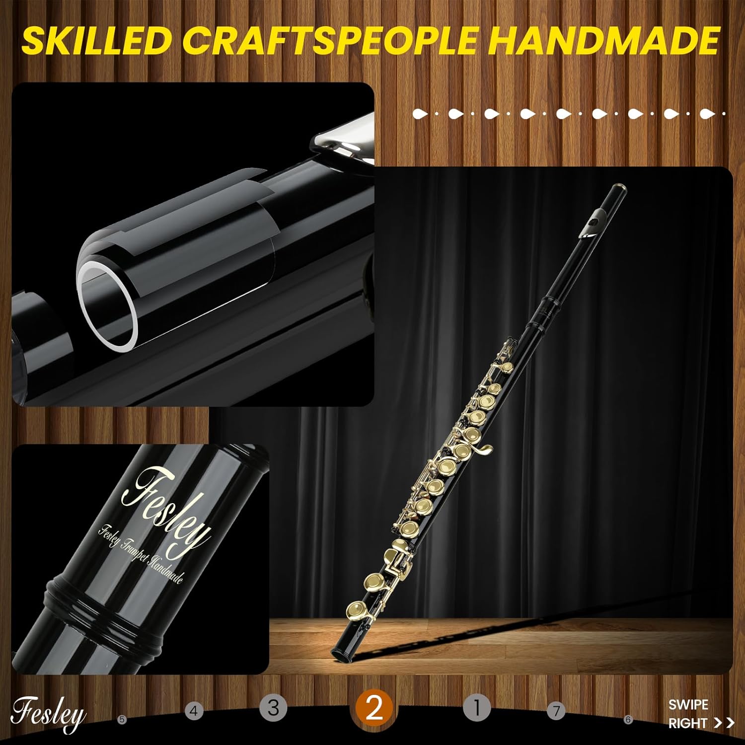Fesley C Flutes Closed Hole, 16 Keys Flute Instrument with Offset G Split E Mechanism, Student Flute for Beginners with Cleaning Kit, Case, Stand, Joint Grease, Tuning Rod, Black/Gold - Image 3