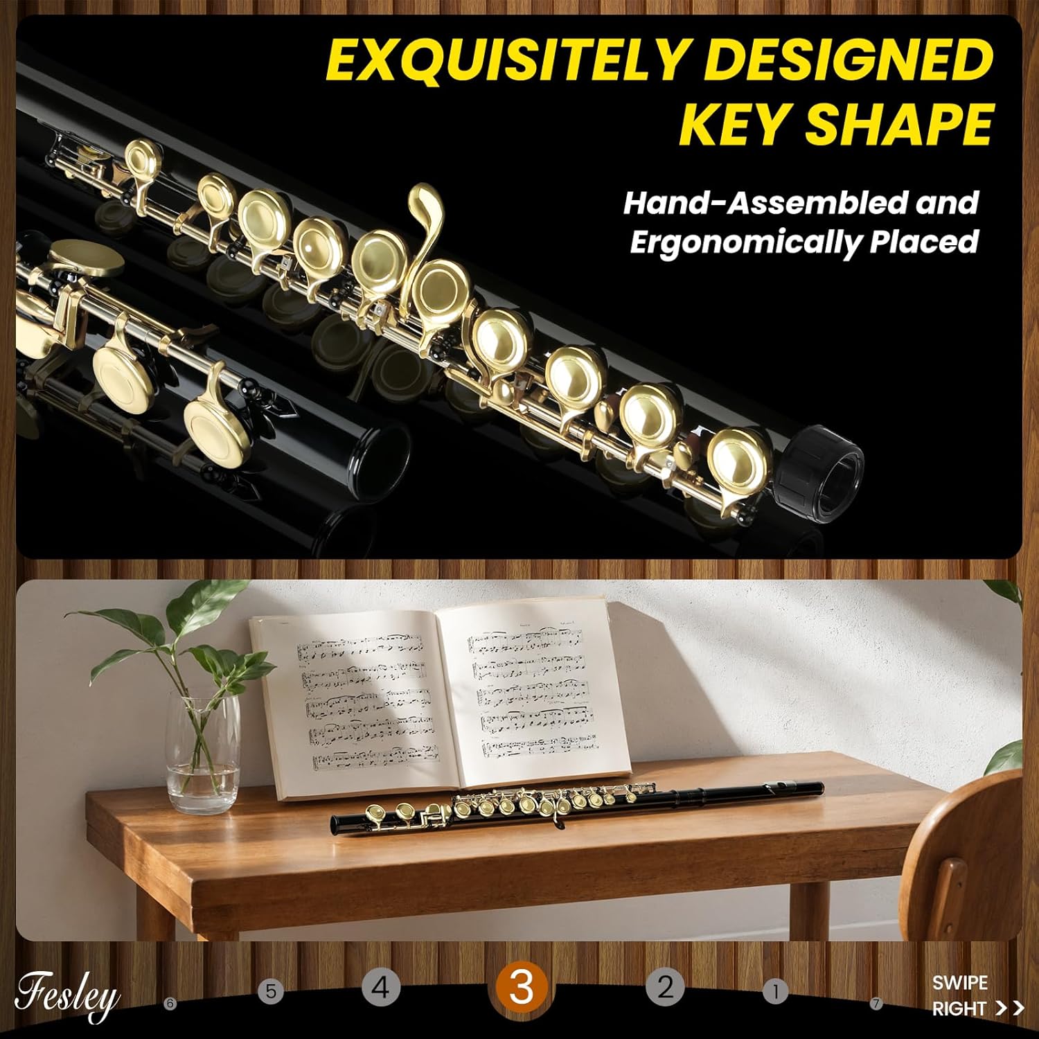 Fesley C Flutes Closed Hole, 16 Keys Flute Instrument with Offset G Split E Mechanism, Student Flute for Beginners with Cleaning Kit, Case, Stand, Joint Grease, Tuning Rod, Black/Gold - Image 4