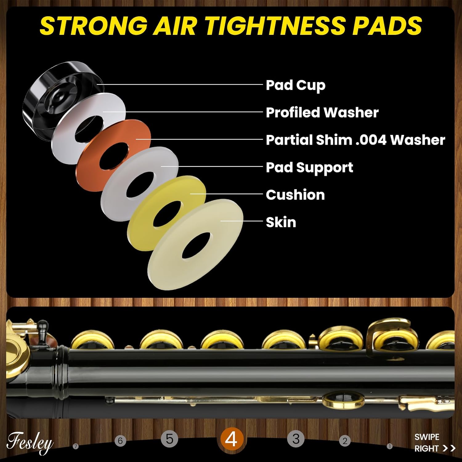 Fesley C Flutes Closed Hole, 16 Keys Flute Instrument with Offset G Split E Mechanism, Student Flute for Beginners with Cleaning Kit, Case, Stand, Joint Grease, Tuning Rod, Black/Gold - Image 5