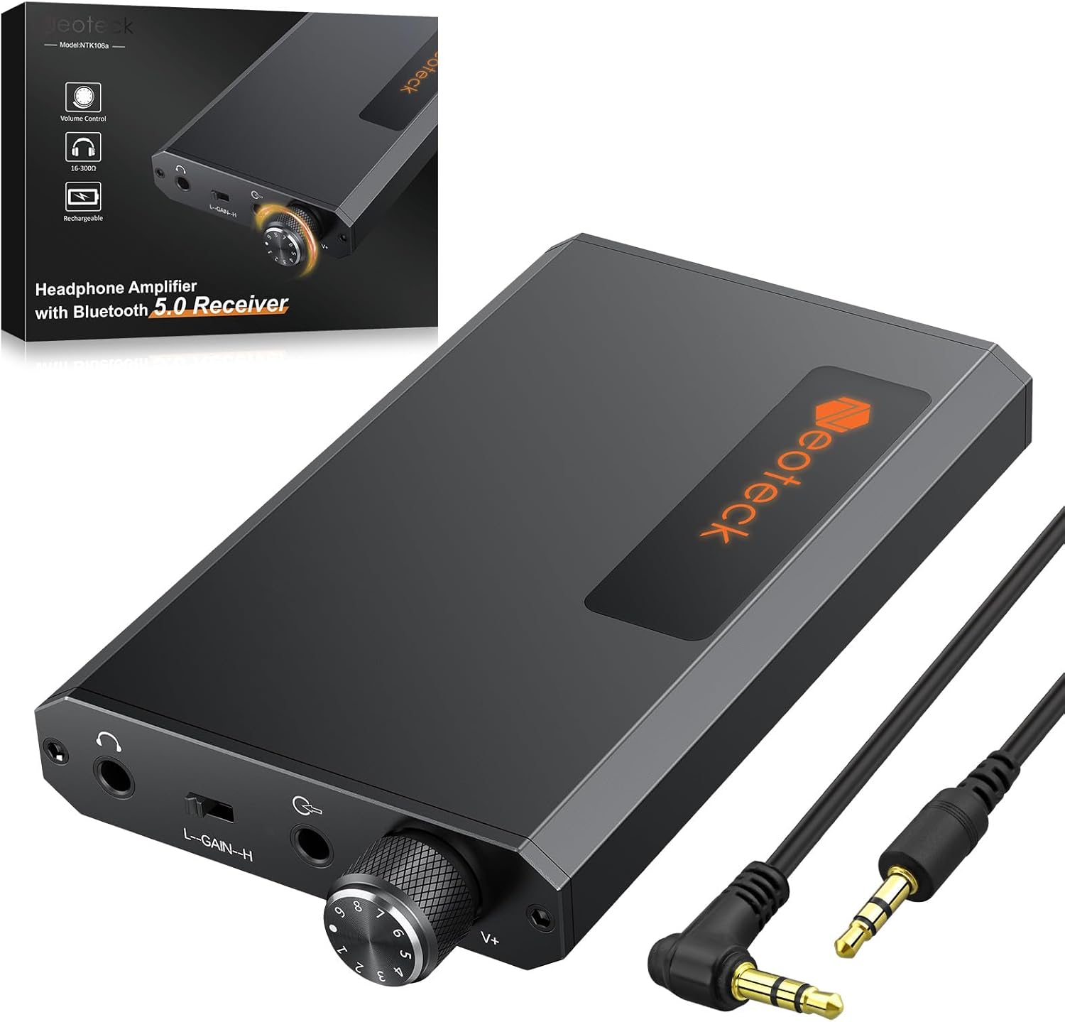 Neoteck Portable 3.5mm Headphone Amplifier with Bluetooth 5.0 Receiver, Two-Stage Gain Switch, 16-300 Ohm HiFi Earphone Amp, Aluminum Matte Surface