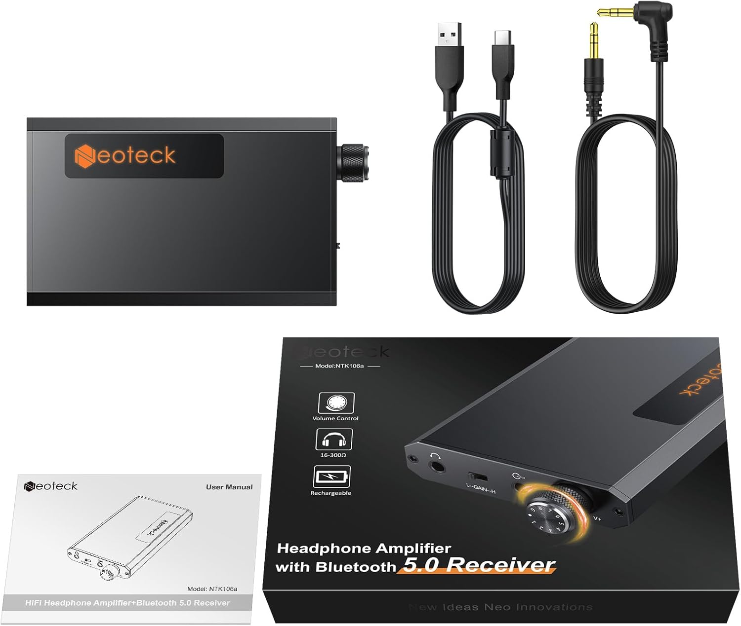 Neoteck Portable 3.5mm Headphone Amplifier with Bluetooth 5.0 Receiver, Two-Stage Gain Switch, 16-300 Ohm HiFi Earphone Amp, Aluminum Matte Surface - Image 7